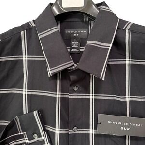 Shaquille O Neal XLG Mens 2XLT Black Plaid Woven Shirt Easy Care Long Sleeve